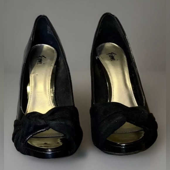 Fiore Black Patent Leather & Suede Rouched Bow Peep Toe Pumps, 4.5” Heel - Picture 3 of 7